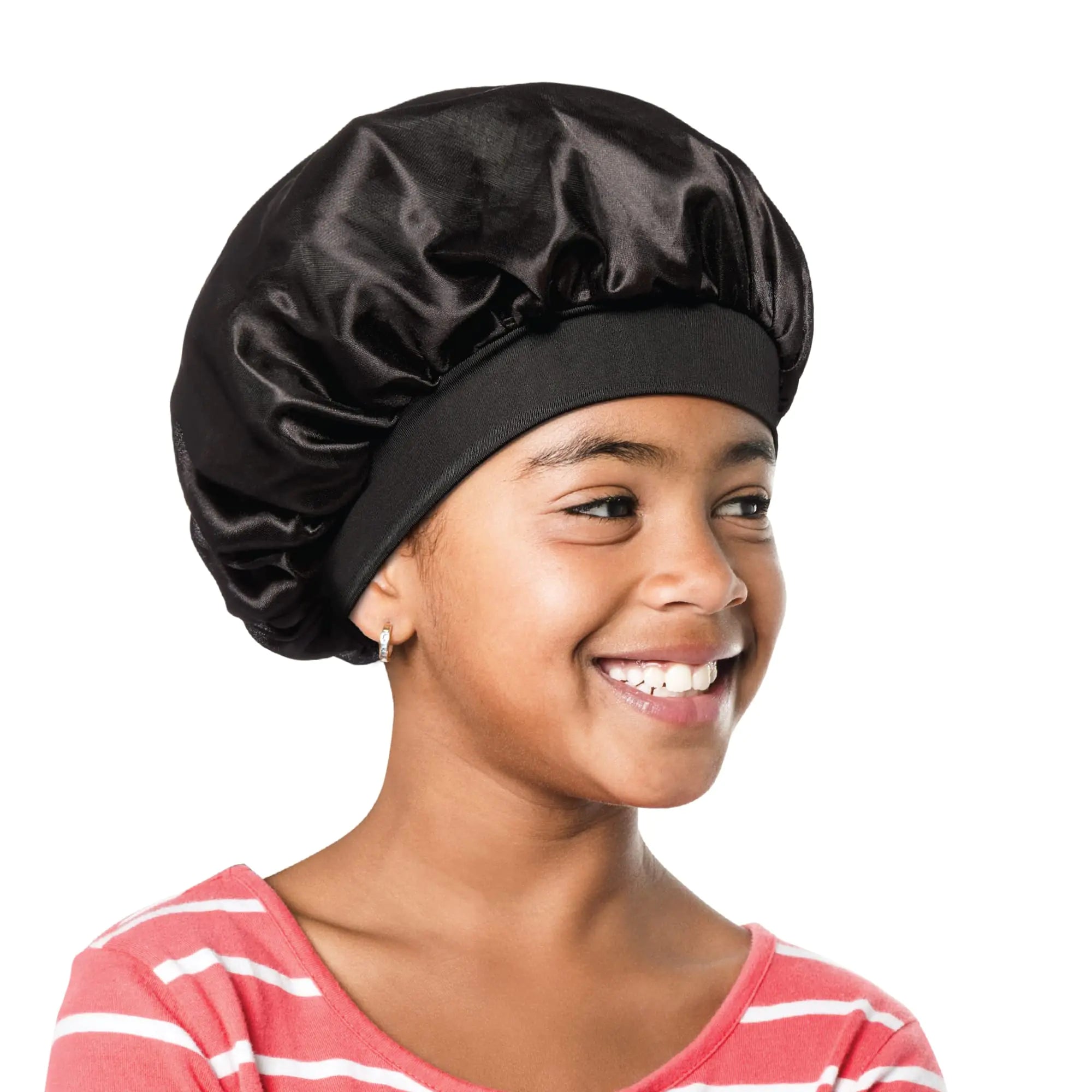 Kids Satin Sleep Bonnet – Wide Band, Non-Slip Night Cap (Black)