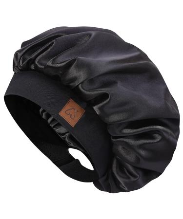 Kids Satin Sleep Bonnet – Wide Band, Non-Slip Night Cap (Black)